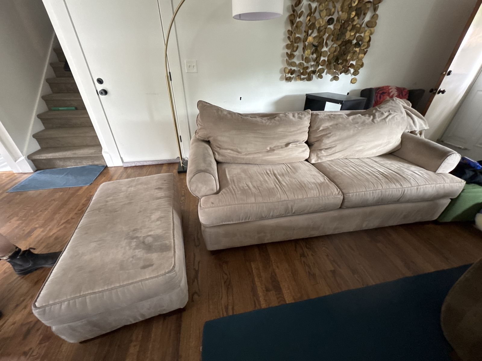 Beige Fabric Sofa with Matching Long Ottoman