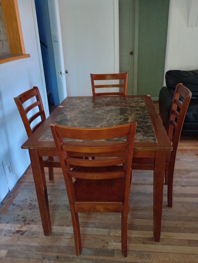 Dining Table Set with Faux Marble Top and 4 Wooden Chairs - Compact & Stylish