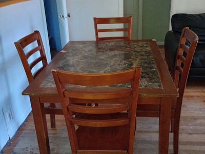 Dining Table Set with Faux Marble Top and 4 Wooden Chairs - Compact & Stylish