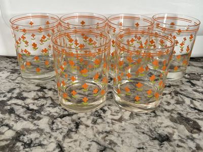 Six Vintage Floral Glass