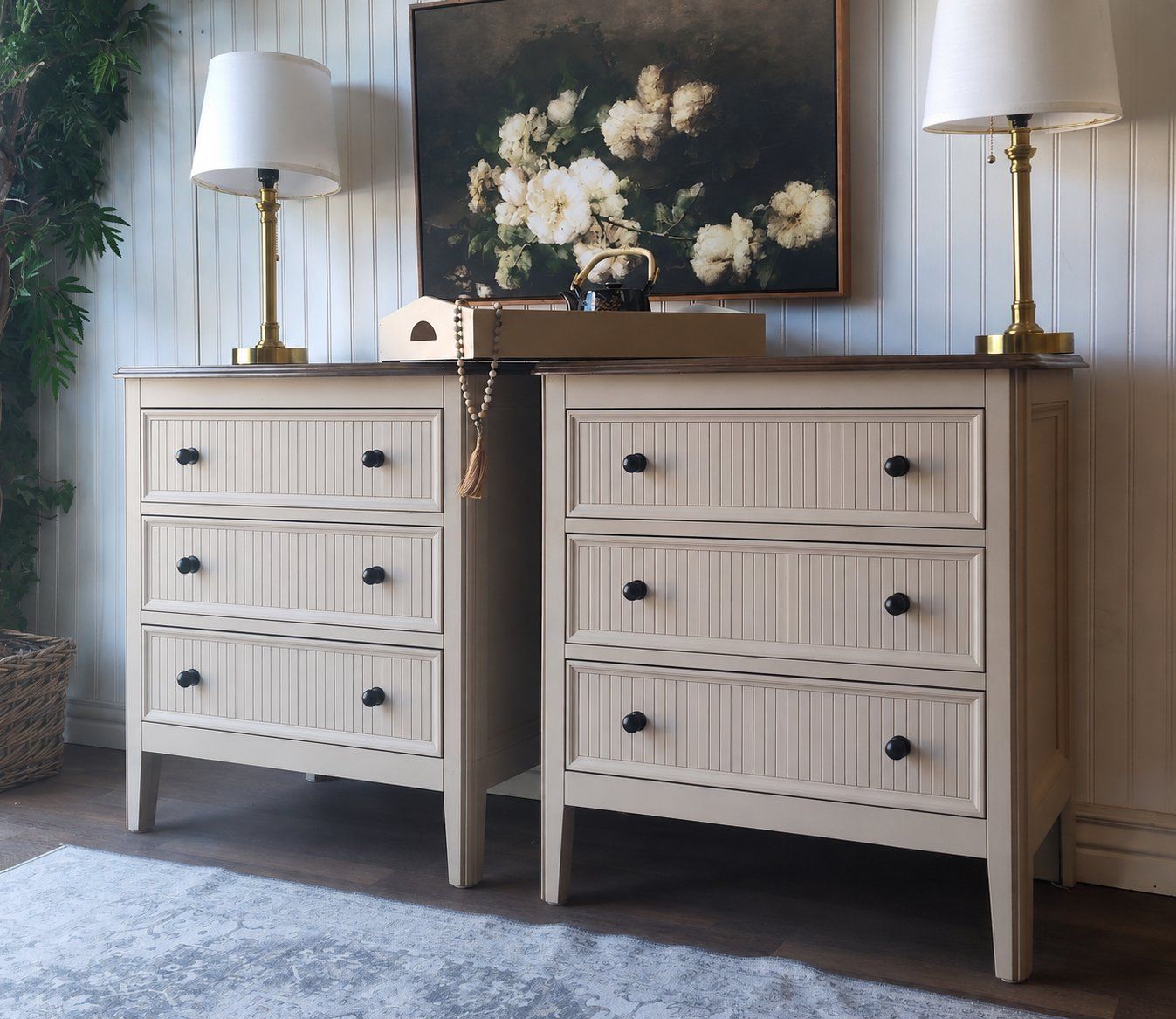 Large Fluted 3 Drawer Nightstands - Beige & Walnut