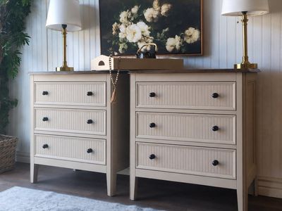 Large Fluted 3 Drawer Nightstands - Beige & Walnut