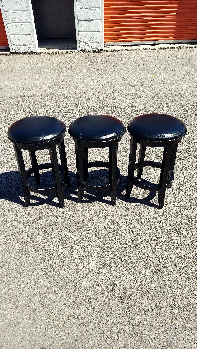 Set of 3 Black Wooden Bar Stools with Padded Seats - Counter Height Seating