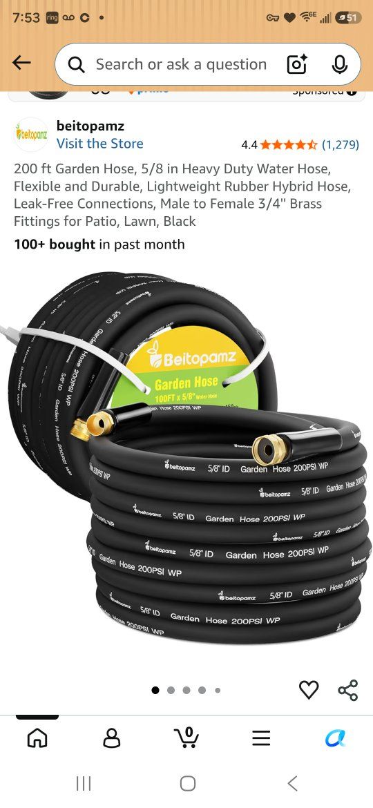 Beitopamz 200ft x 5/8" Heavy Duty Hybrid Polymer Garden Hose with 3/4" Brass Fittings