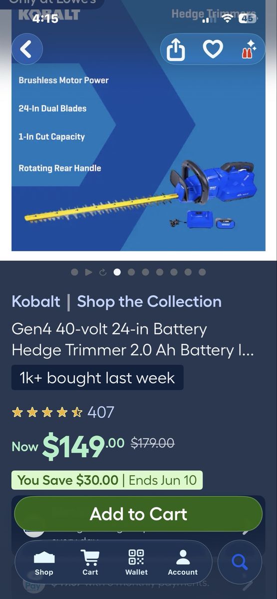 Kobalt Gen4 40-Volt 24-in Cordless Hedge Trimmer with Brushless Motor & Rotating Handle