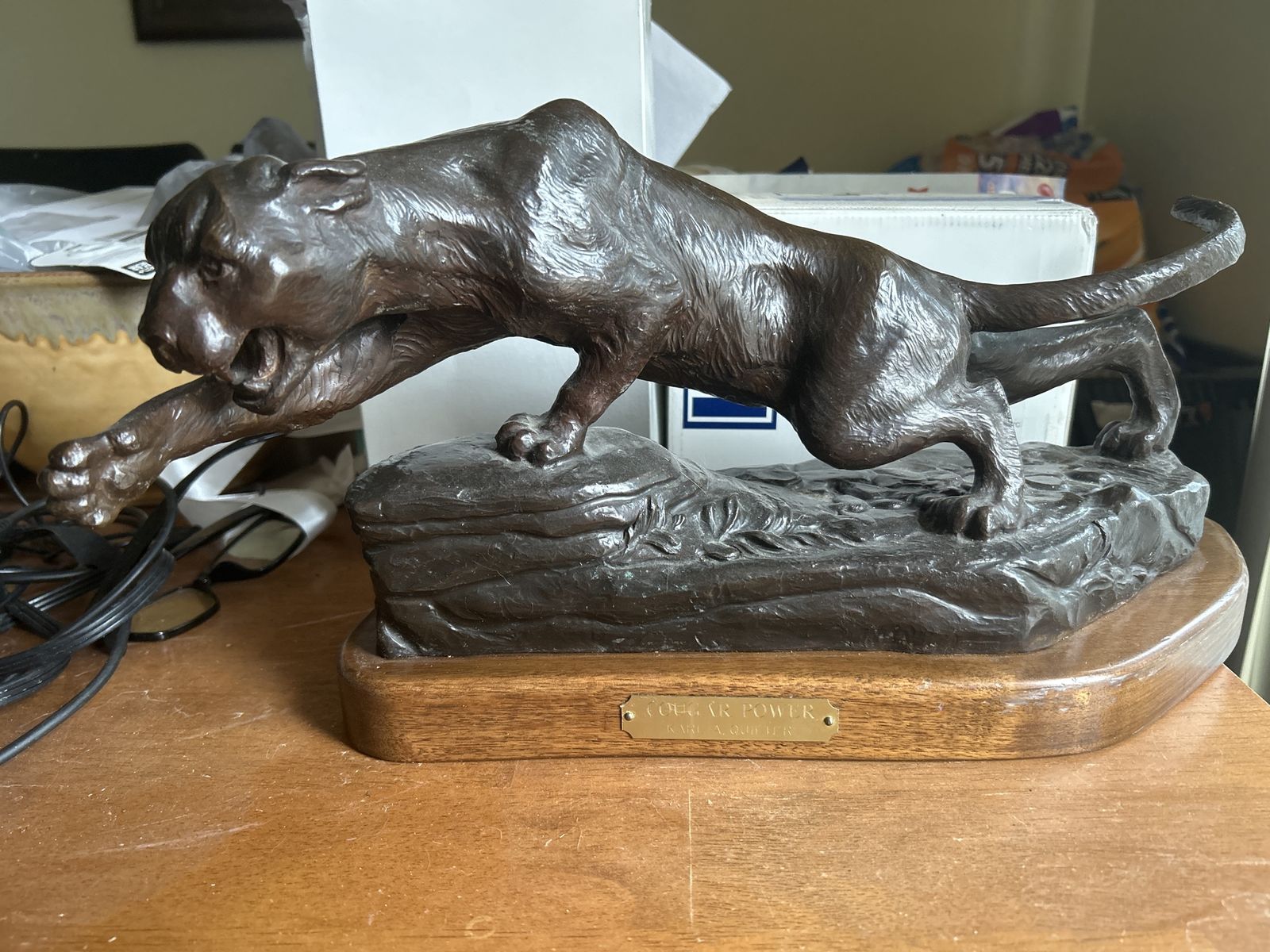 Karl A. Quilter "Cougar Power" Bronze Sculpture - Wildlife Art on Wood Base