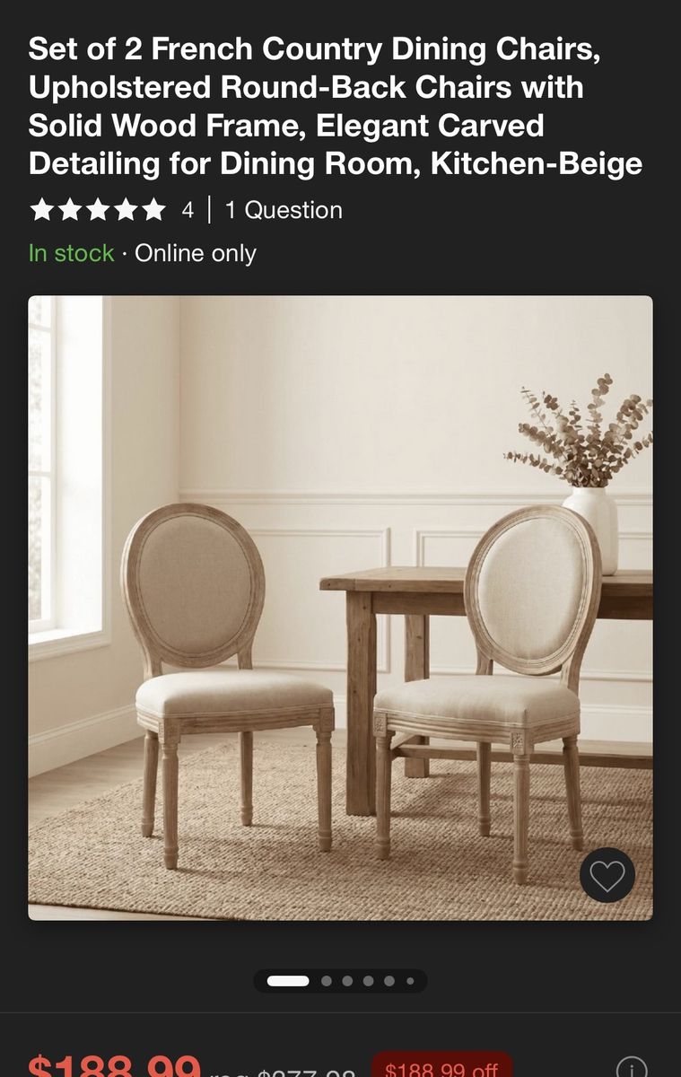 Set of 2 French Country Dining Chairs - Upholstered Round-Back, Solid Wood, Beige
