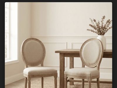 Set of 2 French Country Dining Chairs - Upholstered Round-Back, Solid Wood, Beige