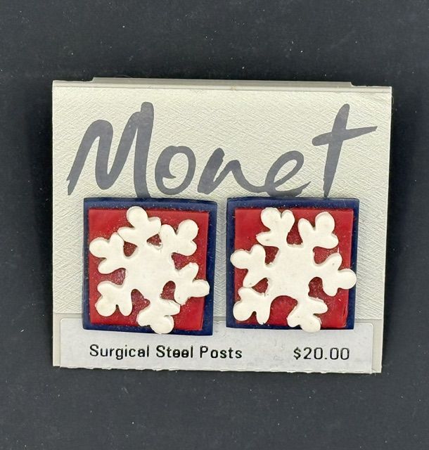 Vintage Patriotic Costume Jewelry Red White Blue Monet Pierced Earrings