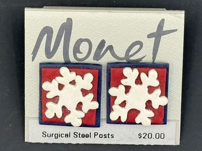Vintage Patriotic Costume Jewelry Red White Blue Monet Pierced Earrings