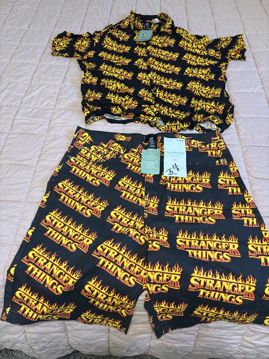 H&M Stranger Things Flame Print Matching Set - Button Down Shirt & Shorts