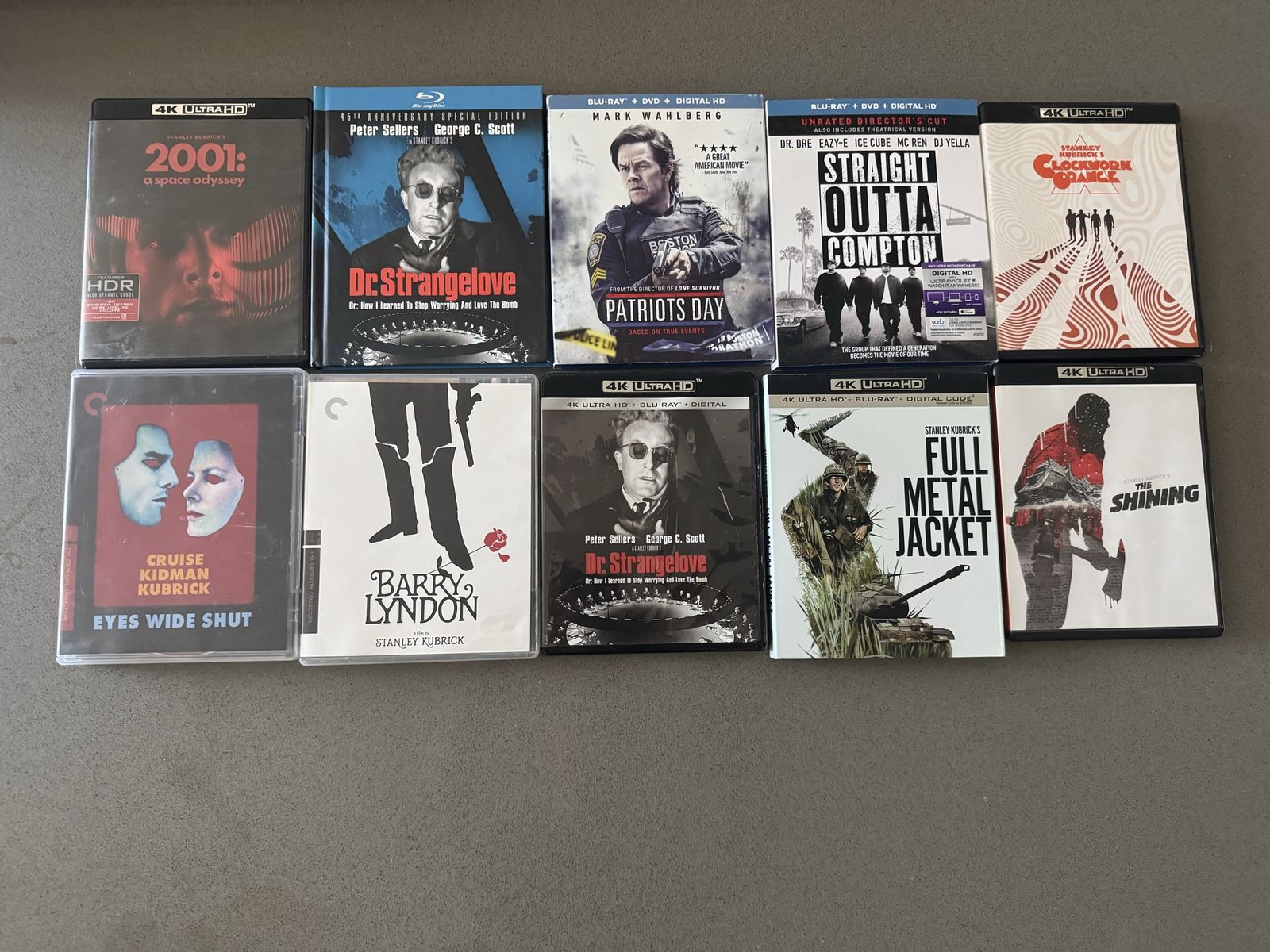 Stanley Kubrick 4k’s & Blu Rays. Patriots Day & Straight Out of Compton.