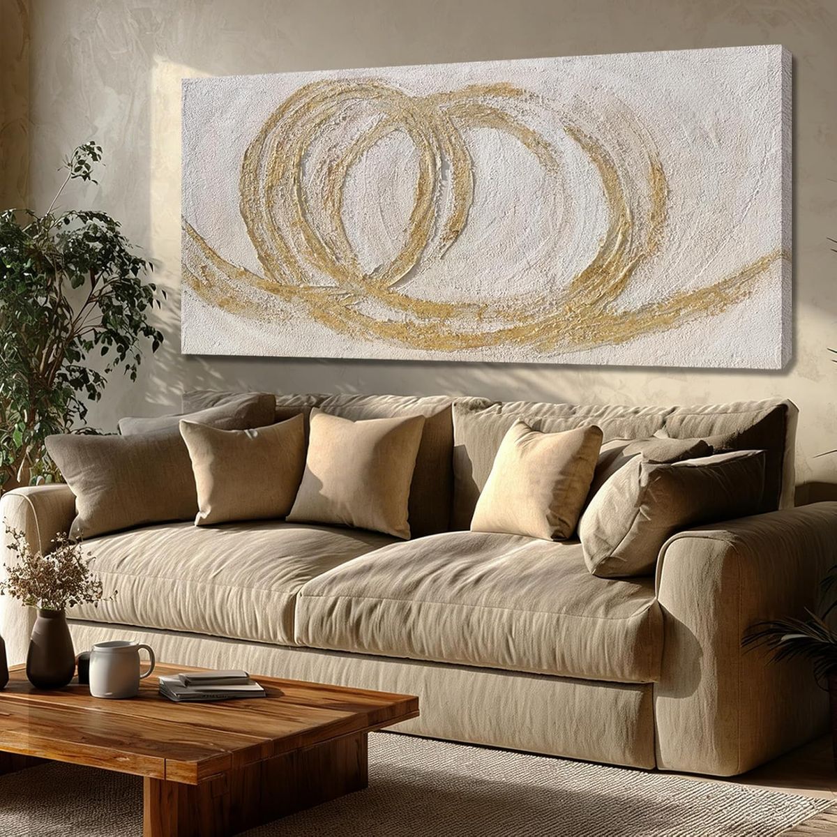 NEW 24X48 Beige White Gold Abstract Wall Art, Extra Large Canvas Print Wall Decor