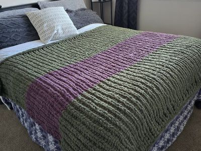 Handmade Chunky Knit Blanket - Olive Green & Mauve - Super Soft & Cozy Throw