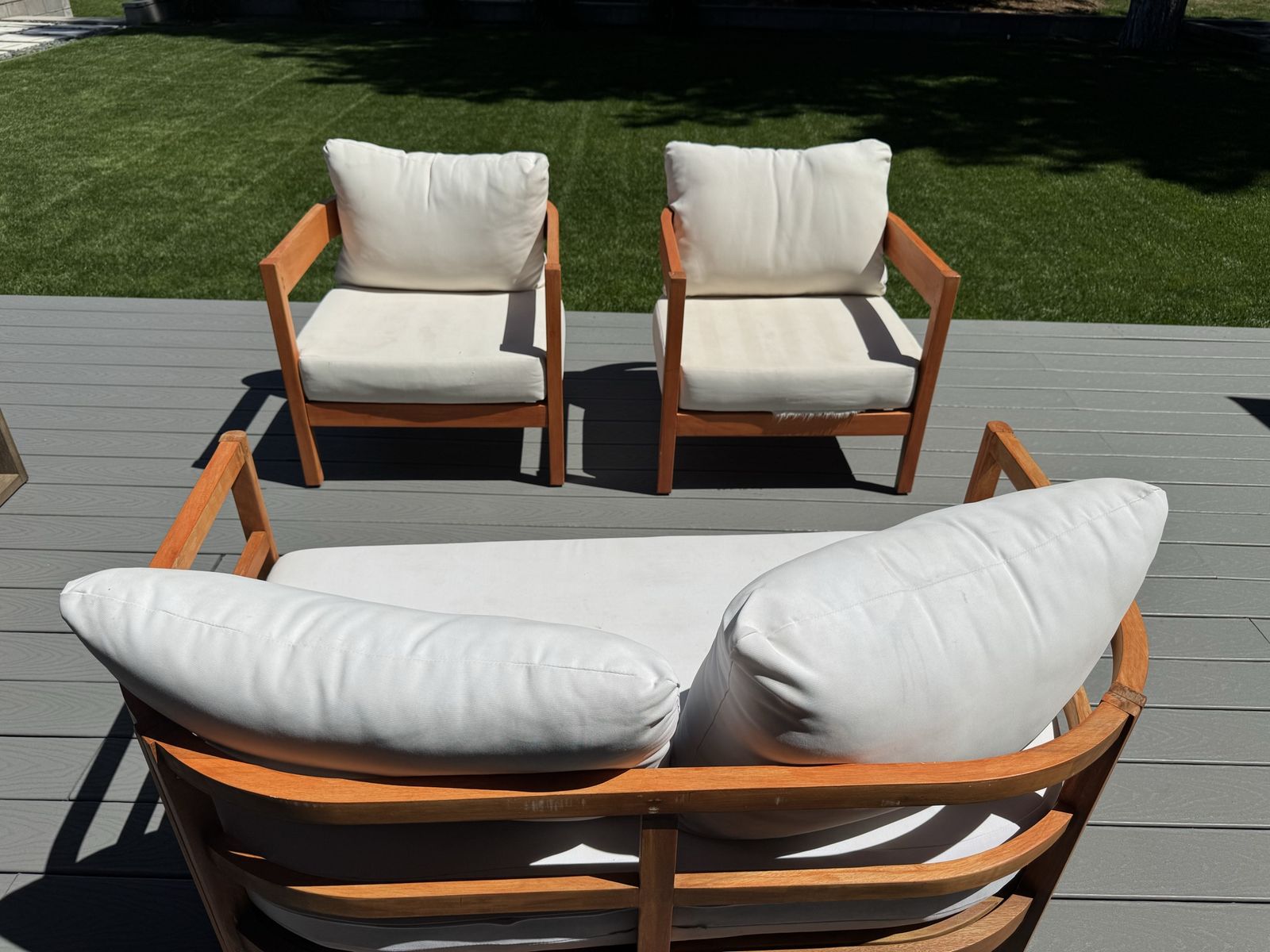 Wooden Outdoor Patio Furniture Set with White Cushions (Loveseat and 2 Chairs)