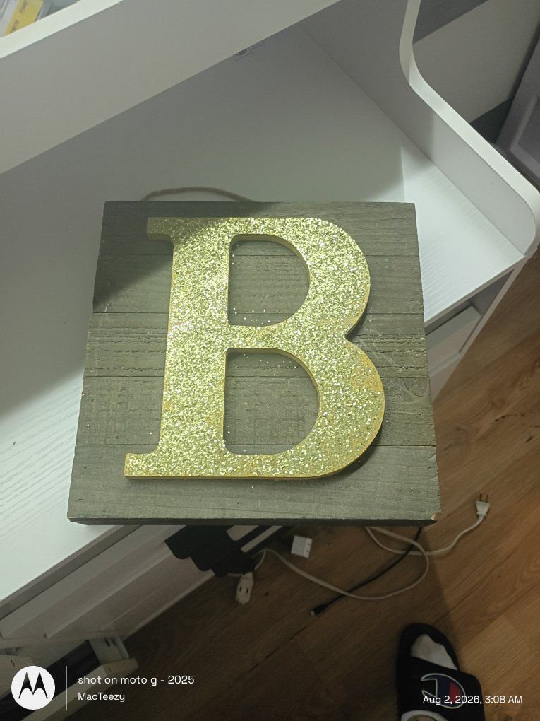 Wooden Wall Art Plaque with Gold Glitter Monogram Letter B and Hanger