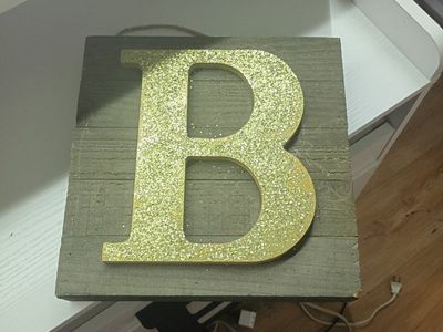 Wooden Wall Art Plaque with Gold Glitter Monogram Letter B and Hanger