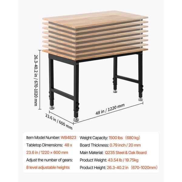  VEVOR Adjustable Workbench, 1500 lbs. Capacity, 48 in. x 24 in. Oak Top 26.3 to 40.2 In. Height Adjustment, Home Commercial
