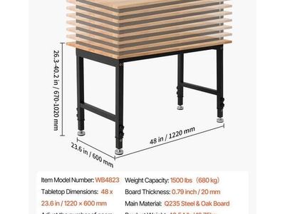 VEVOR Adjustable Workbench, 1500 lbs. Capacity, 48 in. x 24 in. Oak Top 26.3 to 40.2 In. Height Adjustment, Home Commercial