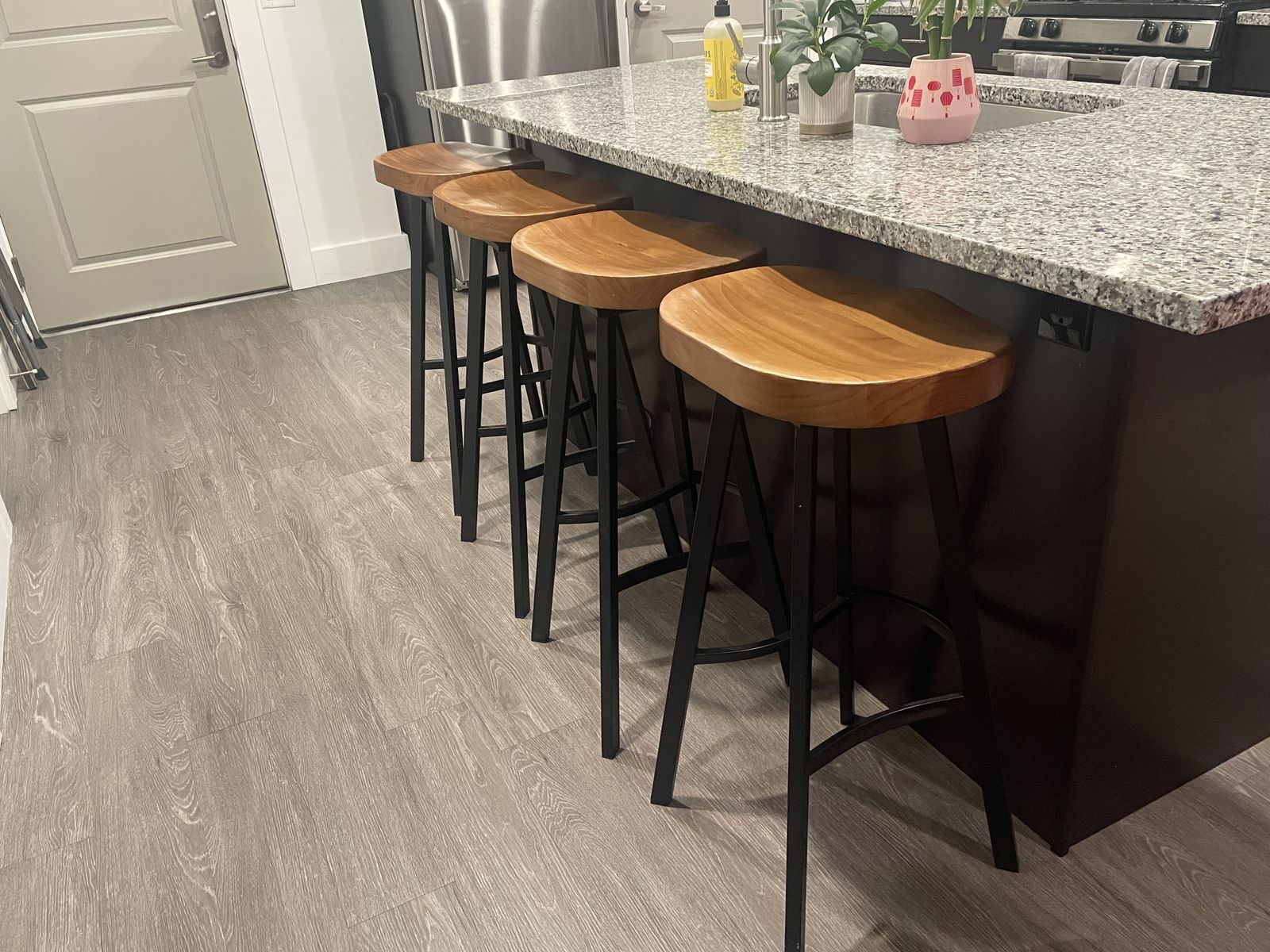 Modern Wood & Black Metal Bar Stools (Set of 4)