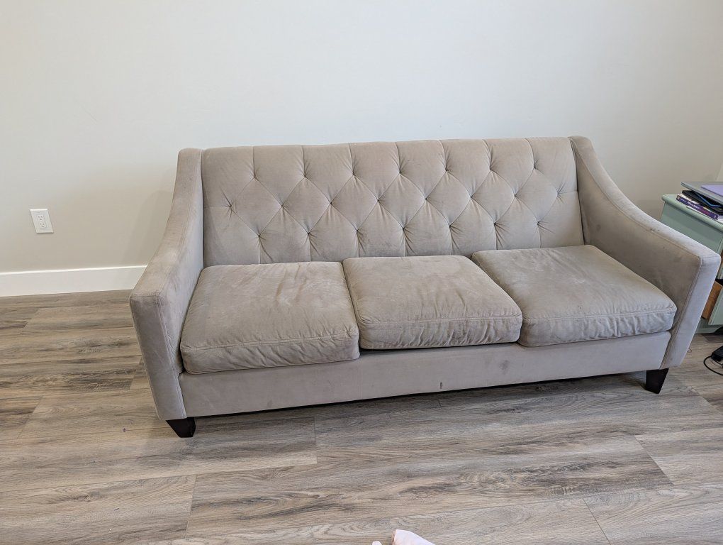 Gray Tufted Fabric Couch - 3-Seater Sofa