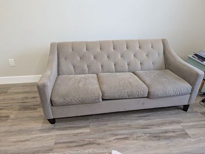 Gray Tufted Fabric Couch - 3-Seater Sofa