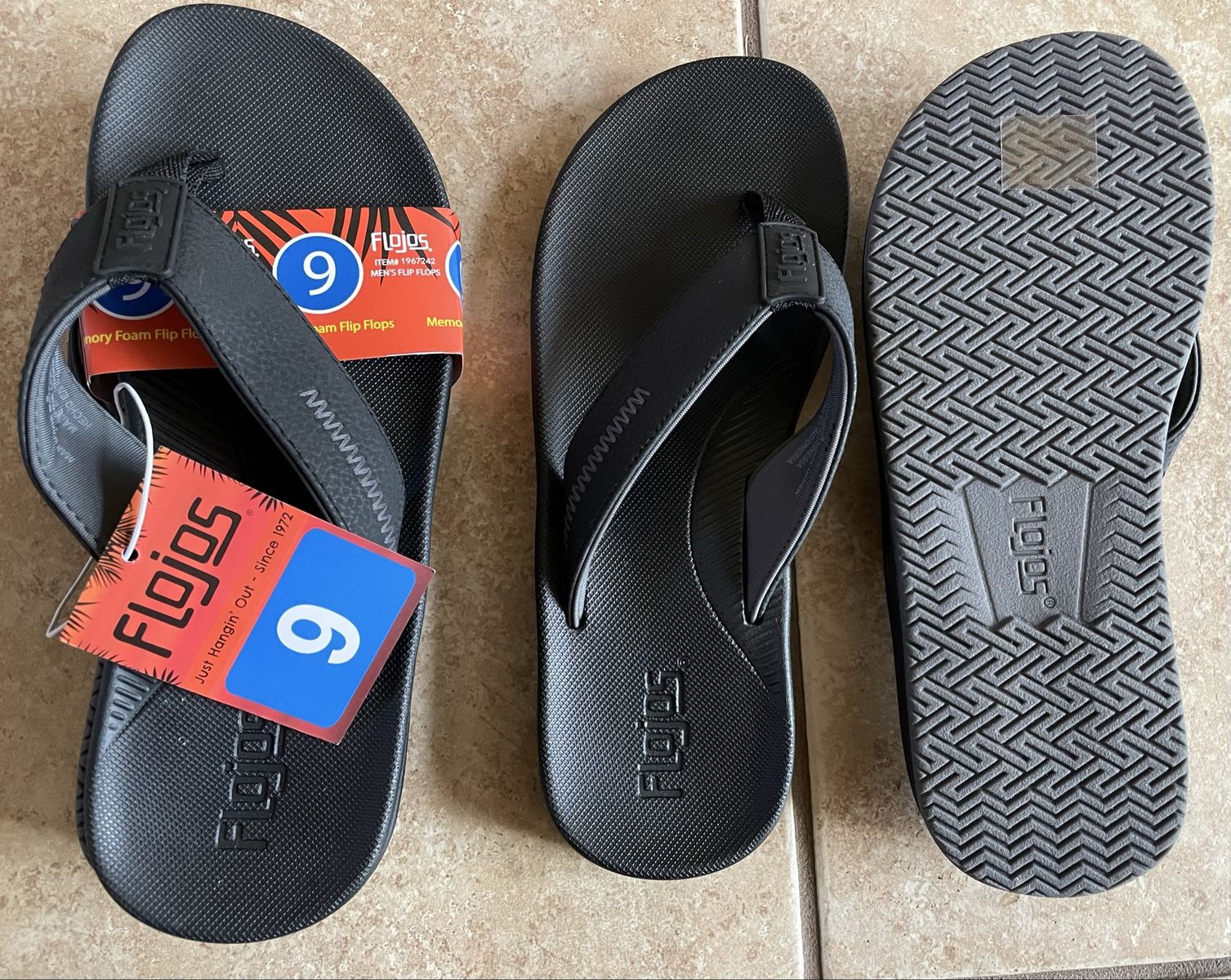 Flojos Men's Black Memory Foam Flip Flops, Size 9 - New with Tags, Synthetic Strap