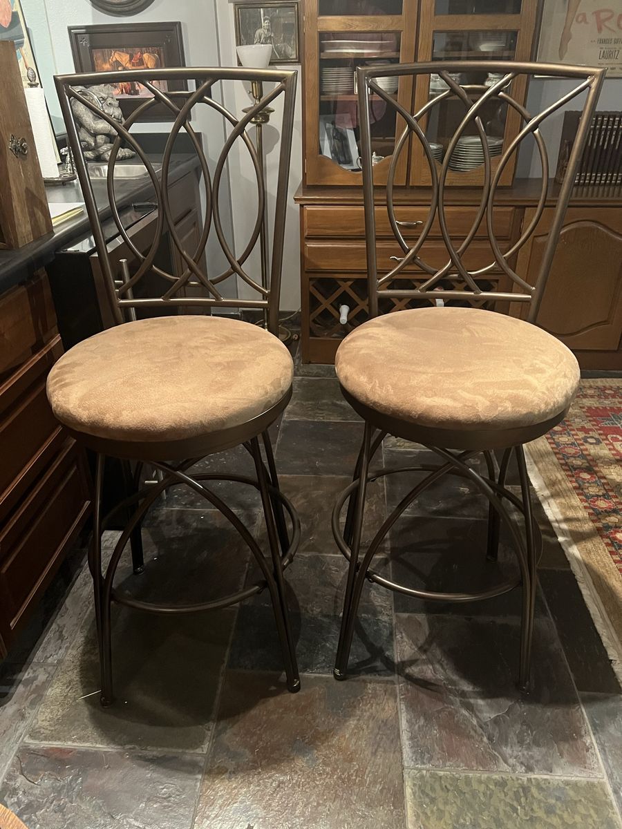 Set of 2 Metal Swivel Bar Stools with Suede Seats - Bronze Finish & Decorative Backs