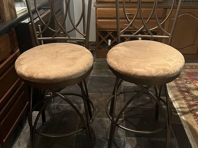 Set of 2 Metal Swivel Bar Stools with Suede Seats - Bronze Finish & Decorative Backs