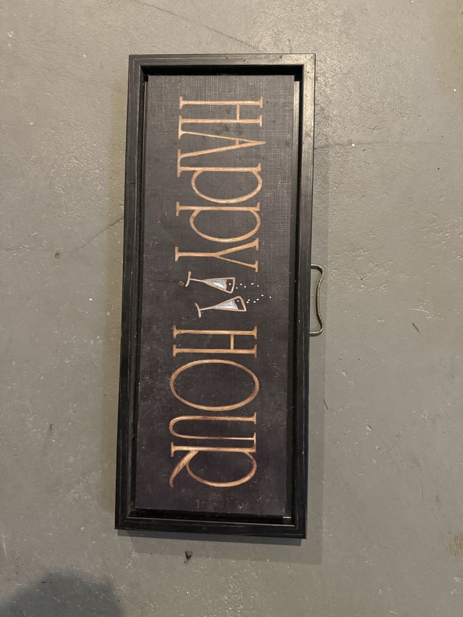Happy Hour Wall Decor Sign - Black Frame, Gold Lettering