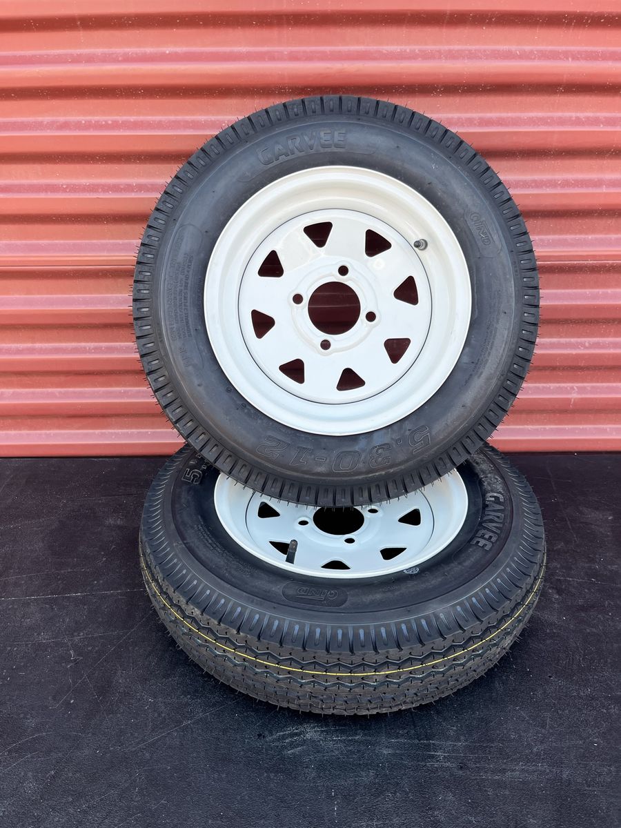 New Set of 2 Garvee ST 5.30 -12 Trailer Tires Mounted on New White Spoke Wheels  4 Lug Pattern Brand New