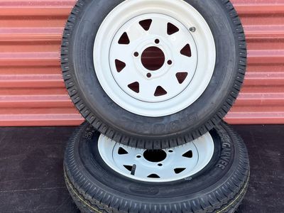 New Set of 2 Garvee ST 5.30 -12 Trailer Tires Mounted on New White Spoke Wheels 4 Lug Pattern Brand New