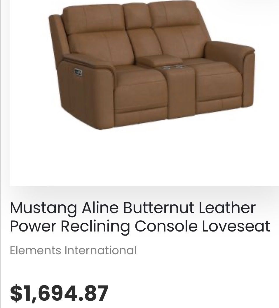 Elements International Mustang Aline Butternut Leather Power Reclining Console Loveseat