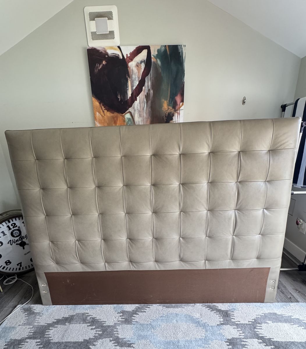 West Elm Emmett Grid-Tufted Tall Headboard Tan Leather King Size