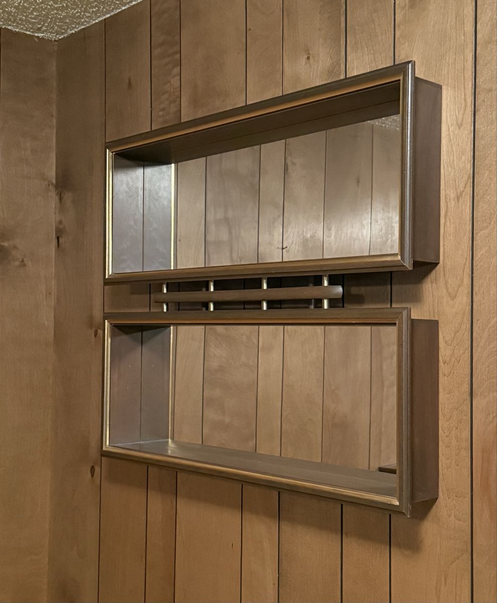 Vintage Mid-Century Modern Wooden & Mirrored Shadow Box Shelf Wall Display