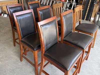 Set of 8 Wood and Black Faux Leather Bar Stools - Counter Height Seating for Kitchen or Bar