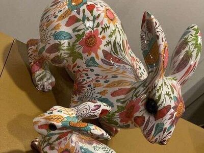 RABBIT FLORAL FIGURINE LIFE SIZE SET HOME DECOR