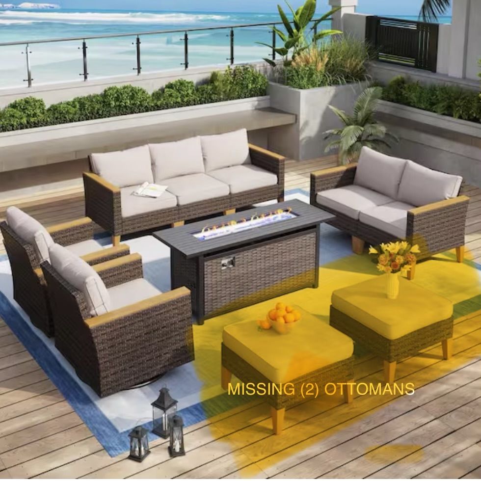 Brown Rattan Wicker 9-Seat 10-Piece Steel Outdoor Fire Pit Patio Set with Beige Cushions, 2 Swivel Sofas and 2 Ottomans
