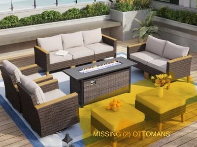 Brown Rattan Wicker 9-Seat 10-Piece Steel Outdoor Fire Pit Patio Set with Beige Cushions, 2 Swivel Sofas and 2 Ottomans