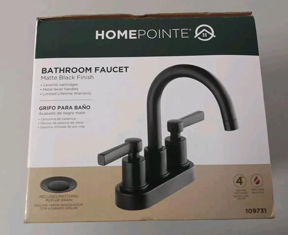 New HomePointe matte black finish 2-handle mid arch lavatory faucet