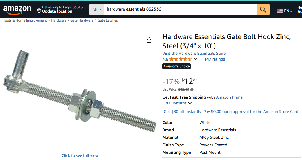 Bolt Hooks 3/4" x 10" (#852536) (QTY -2)