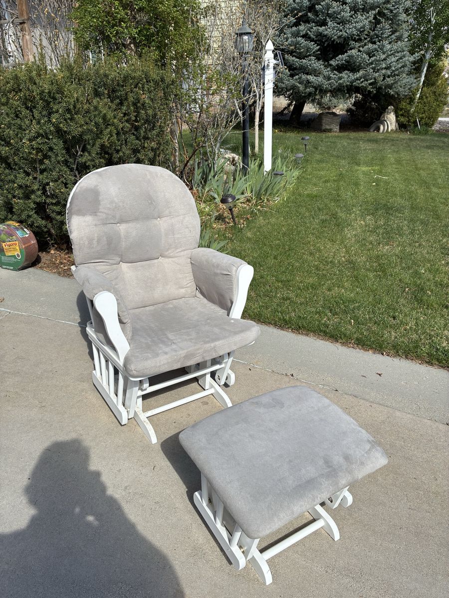 Comfortable White Glider Rocking Chair with Ottoman - Light Grey Cushions