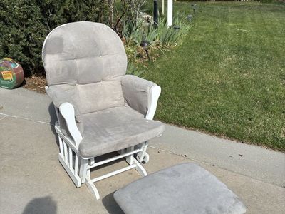 Comfortable White Glider Rocking Chair with Ottoman - Light Grey Cushions