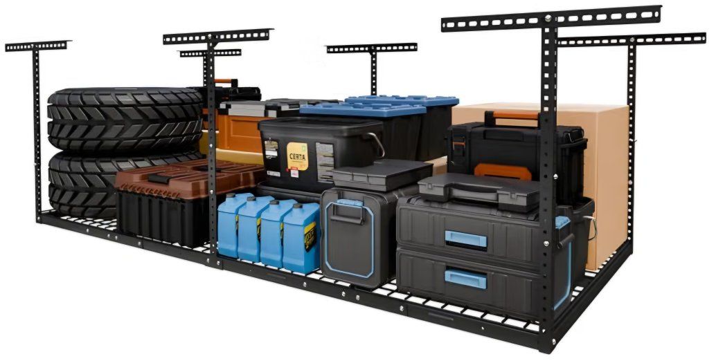 FLEXIMOUNTS 4x8 Overhead Garage Ceiling Storage Rack Organization, Black 750lbs Weight Capacity, 22"-40" Adjustable Organization