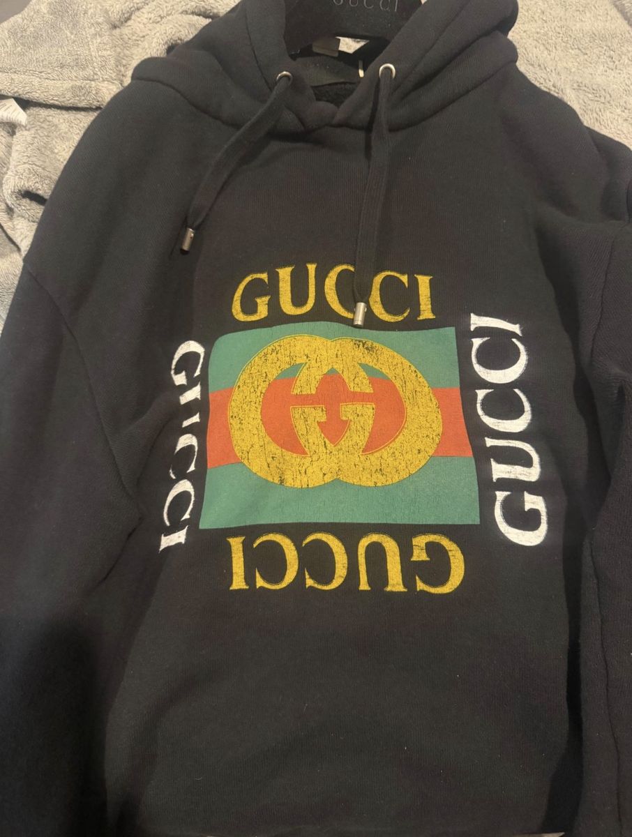 GUCCI Black Distressed Logo Hoodie - Men's/Unisex Cotton Sweatshirt with Drawstring Hood, Size Large