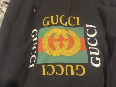 GUCCI Black Distressed Logo Hoodie - Men's/Unisex Cotton Sweatshirt with Drawstring Hood, Size Large