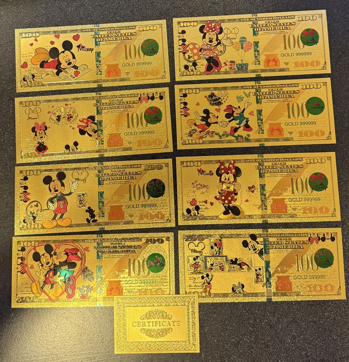 24kt Gold Mickey & Minnie LOVE $100 Bills Set