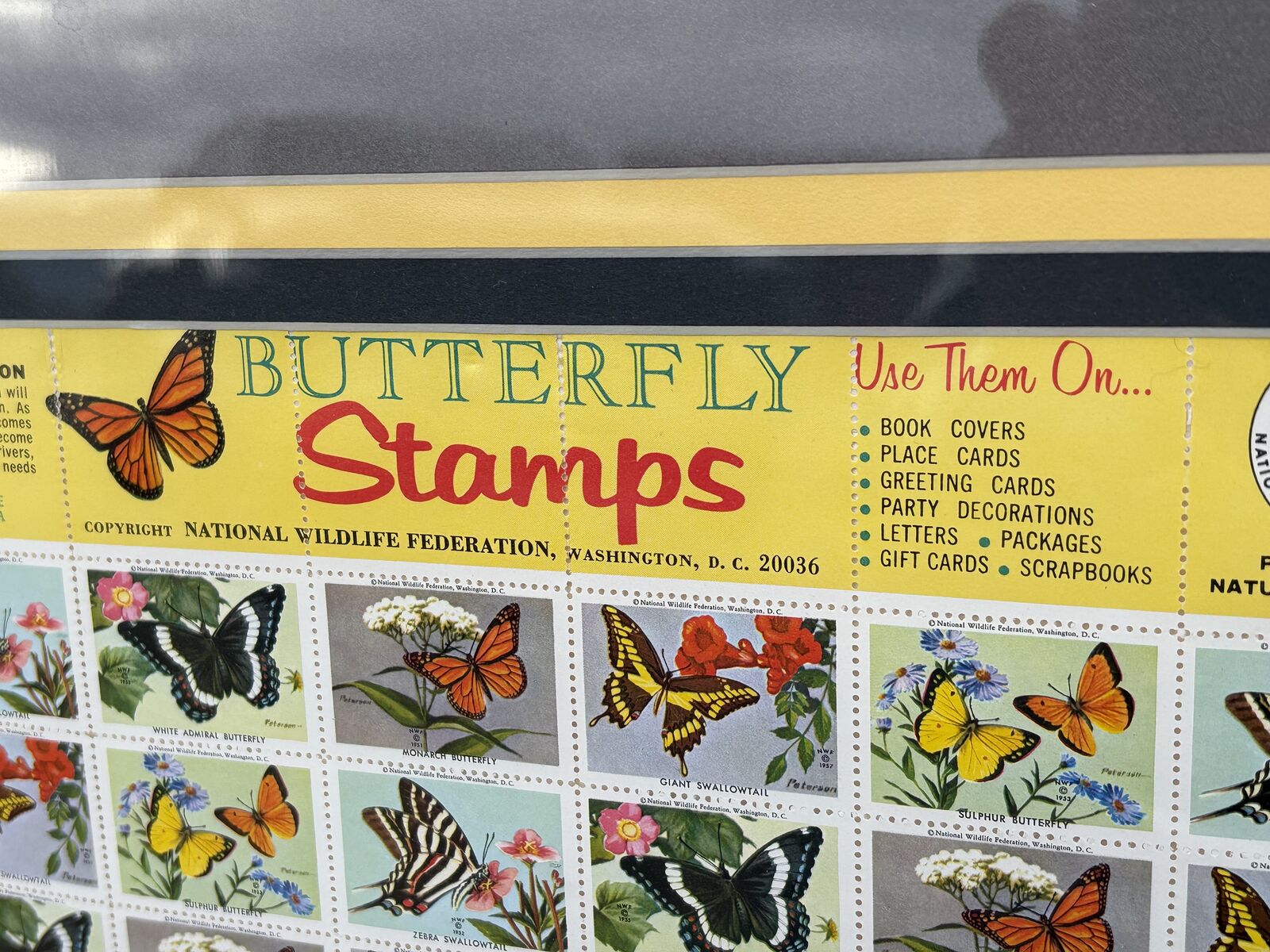 Vintage 1960s framed National Wildlife Conservation stamps, butterfly,songbirds, Ranger Rick, songbirds, wildflowers