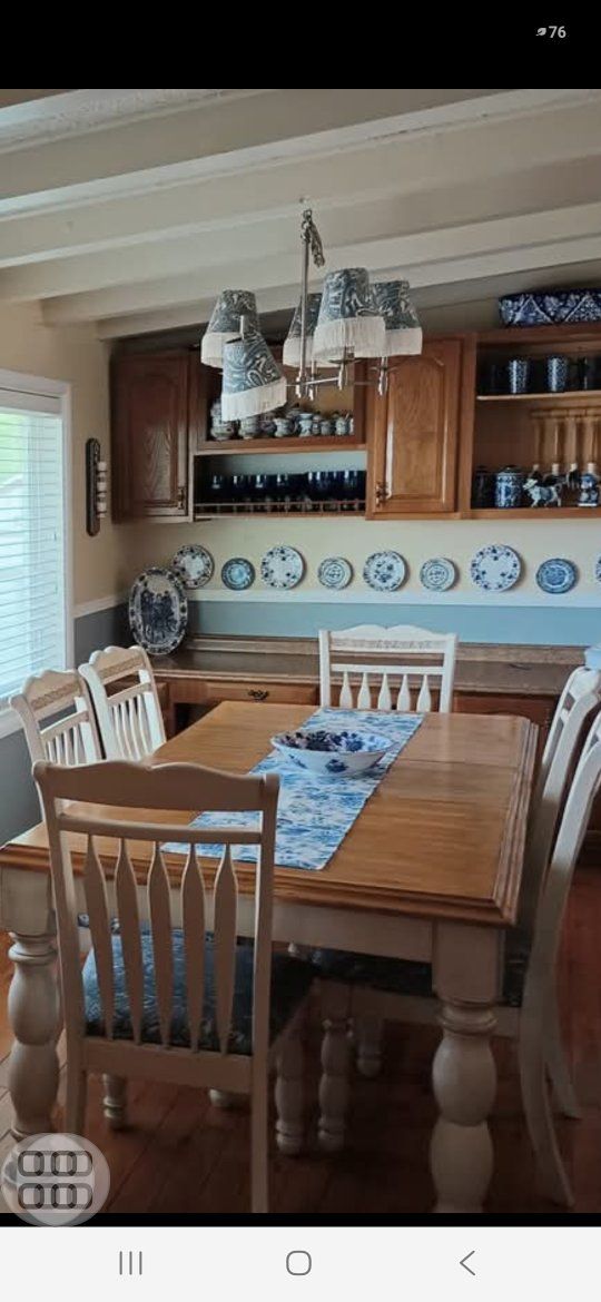 Dining Room Table and 6 Chairs included 1 leaf- Light Wood Top, Cream Legs & Frames, Blue/White Fabric chair pads.