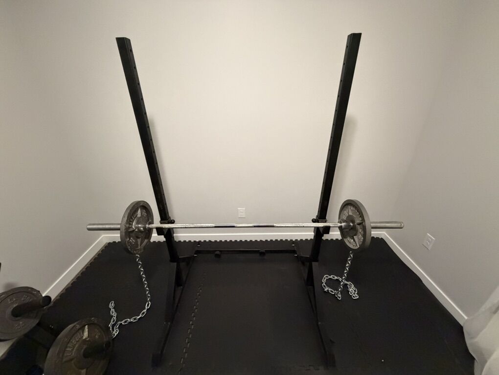 Home Gym Squat Rack + Weights + Barbell + Chains